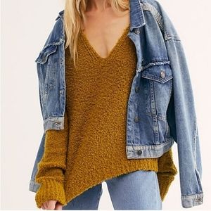 Free People Finders Keepers V Neck Drop Shoulder Boucle Nubby Slouchy Gold Small